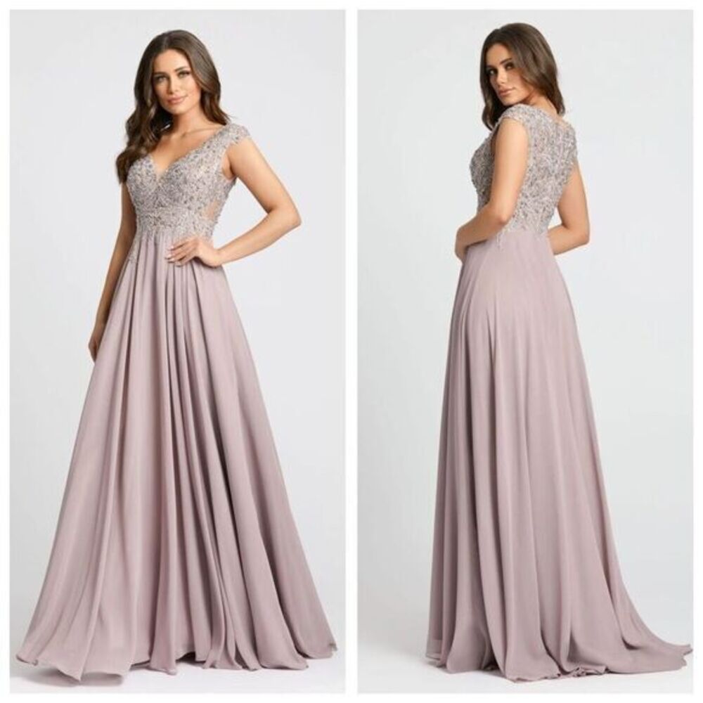 Mac Duggal 20264 Applique Cap Sleeve Bodice Flowy Sequin Gown Lilac Size 6